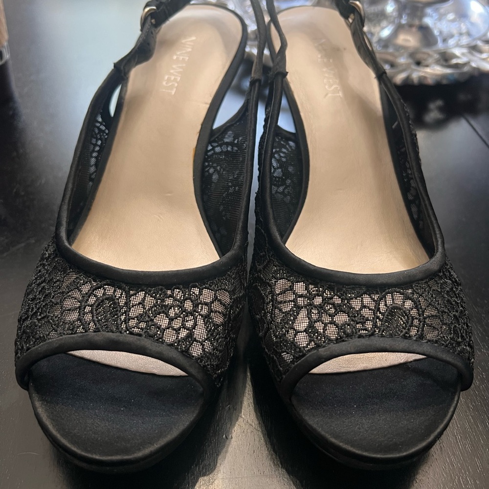 Nine West Black Lace Peep Toe Heels